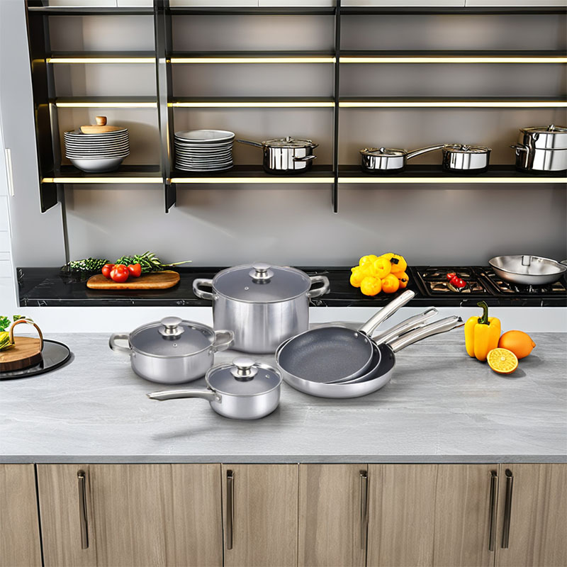 مجموعات أدوات طبخ مضغوطة من الفولاذ المقاوم للصدأ مع أغطية زجاجية