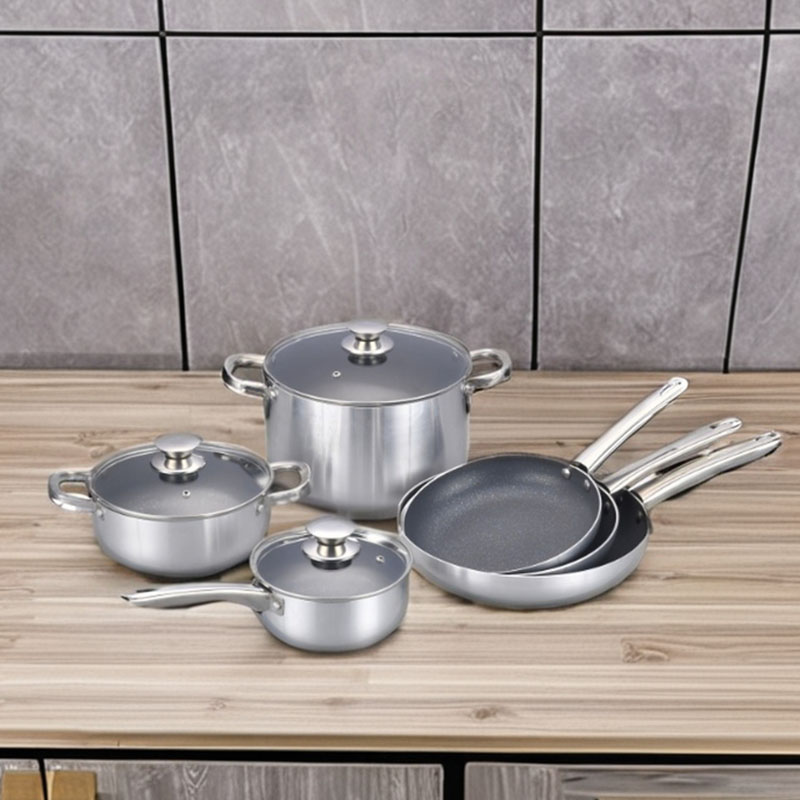 مجموعات أدوات طبخ مضغوطة من الفولاذ المقاوم للصدأ مع أغطية زجاجية