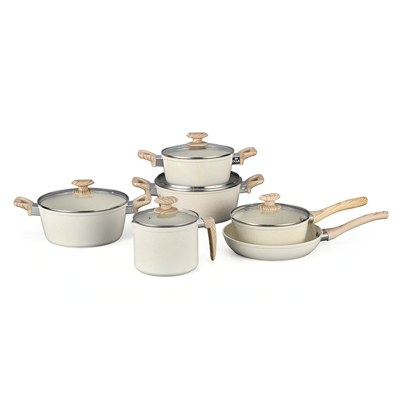 أواني الطبخ الرخامية البيضاء الكريمية وأدوات الطهي مزورة