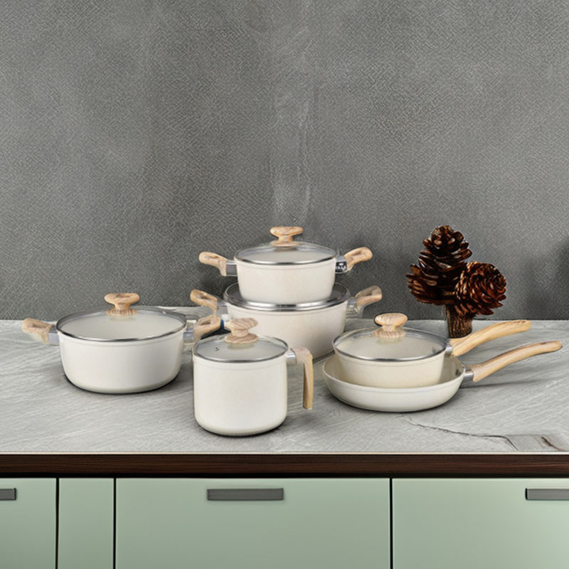 أواني الطبخ الرخامية البيضاء الكريمية وأدوات الطهي مزورة