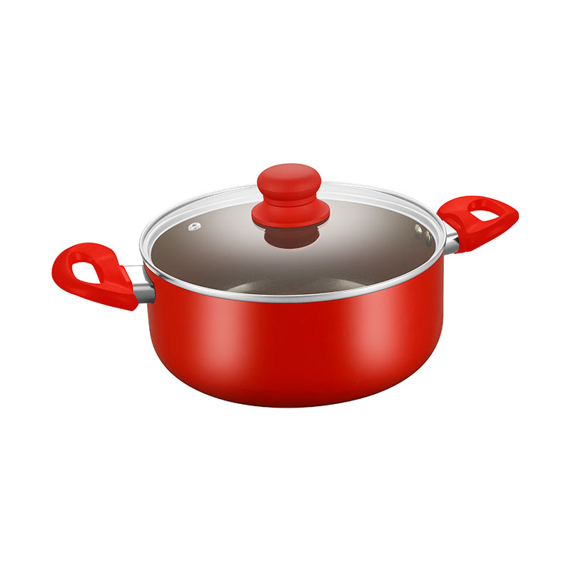 أدوات طبخ مضغوطة بمجموعة حمراء مع أغطية زجاجية